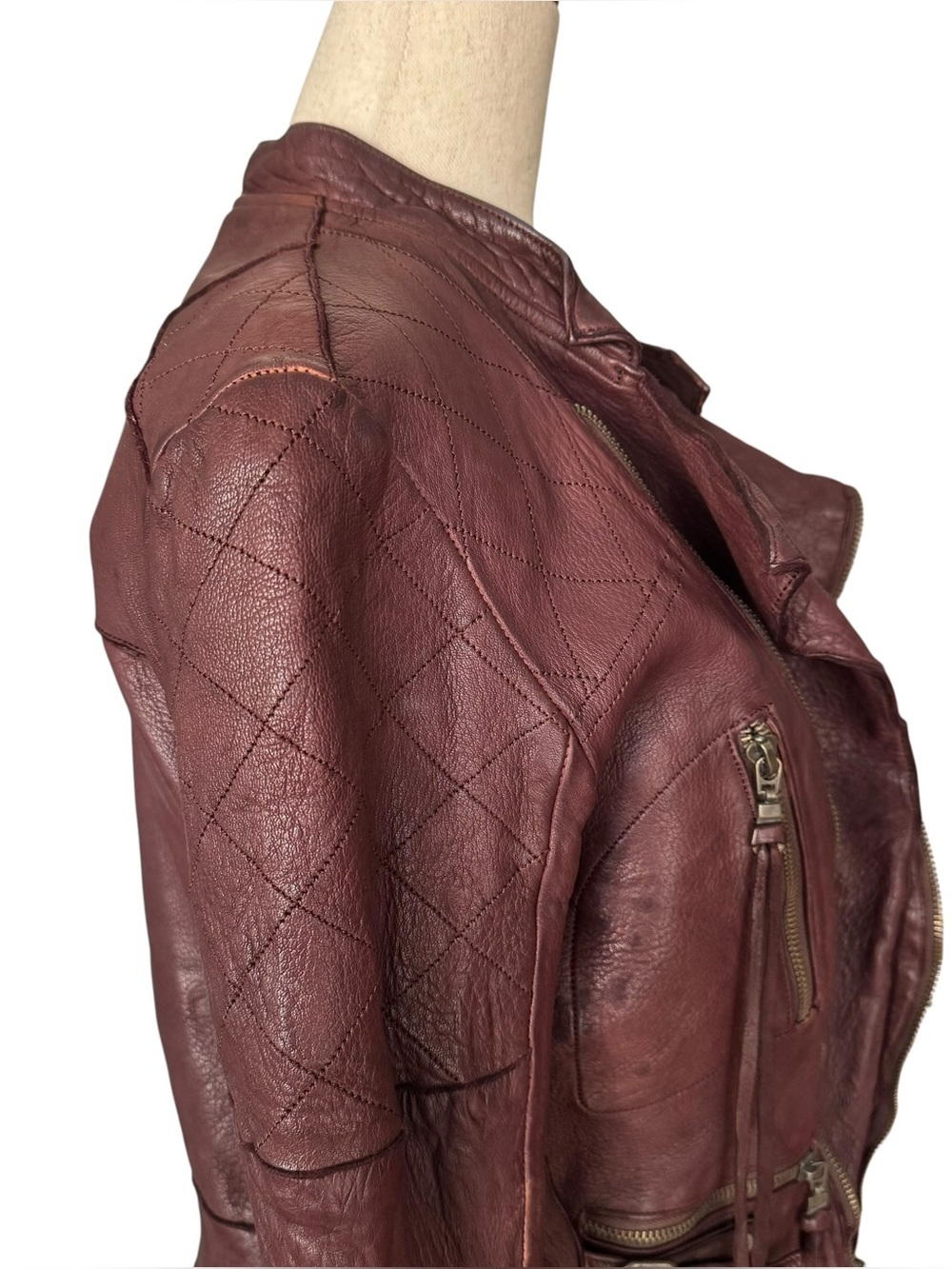Vintage y2k Christian Peau Burgundy Goat Leather Moto Jacket sz 38 - Picture 5 of 16